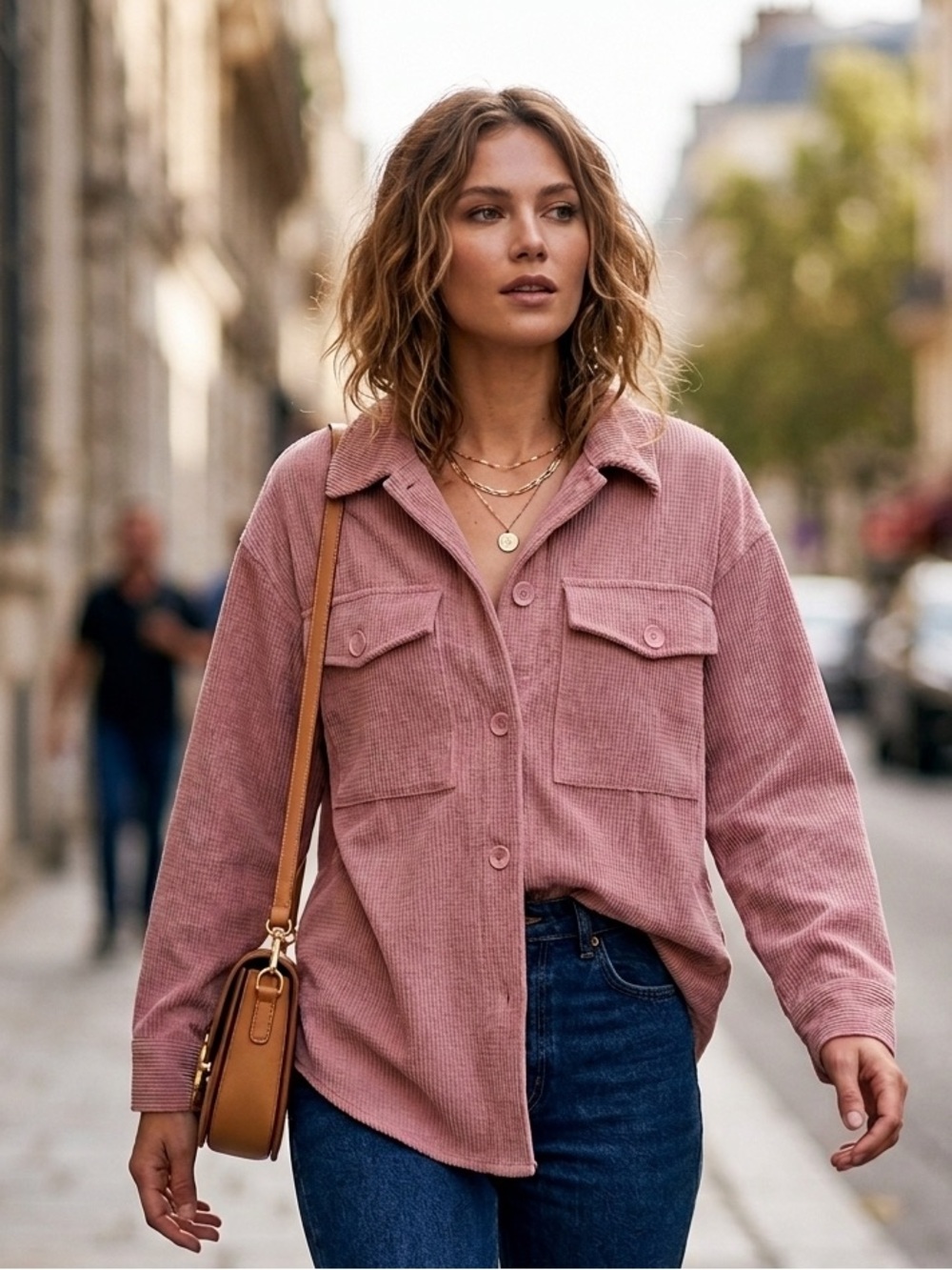 Ashley by 26 International Pink Corduroy Button-Up Shacket with chest pockets